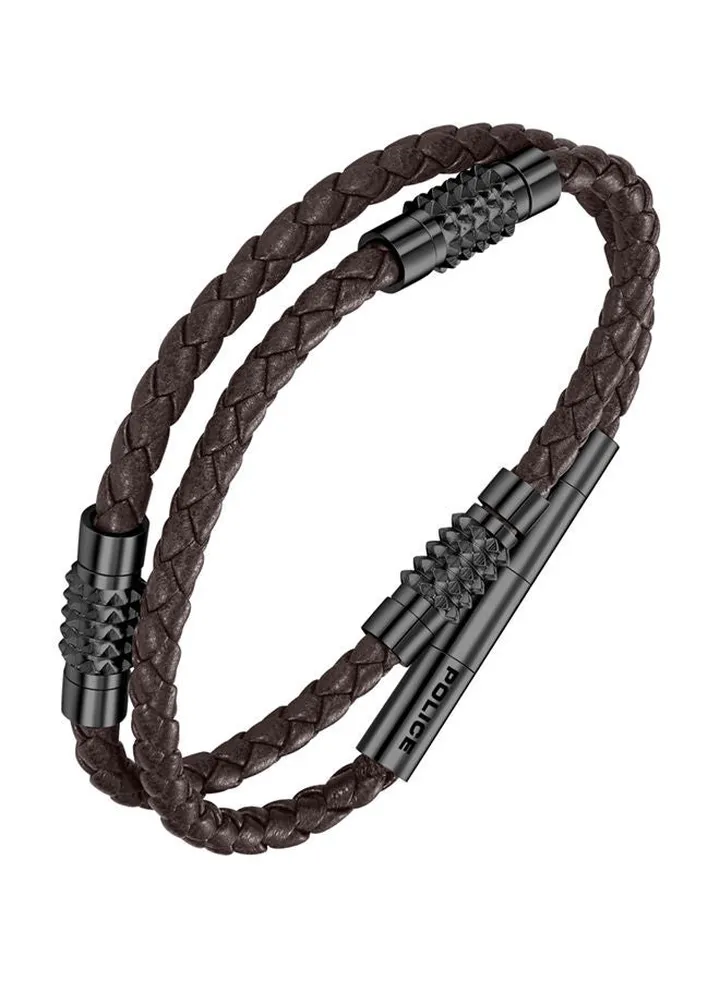 Police Kingpins Dark Brown & Gun Leather & Stainless Steel Gents Bracelet - PEAGB0005429