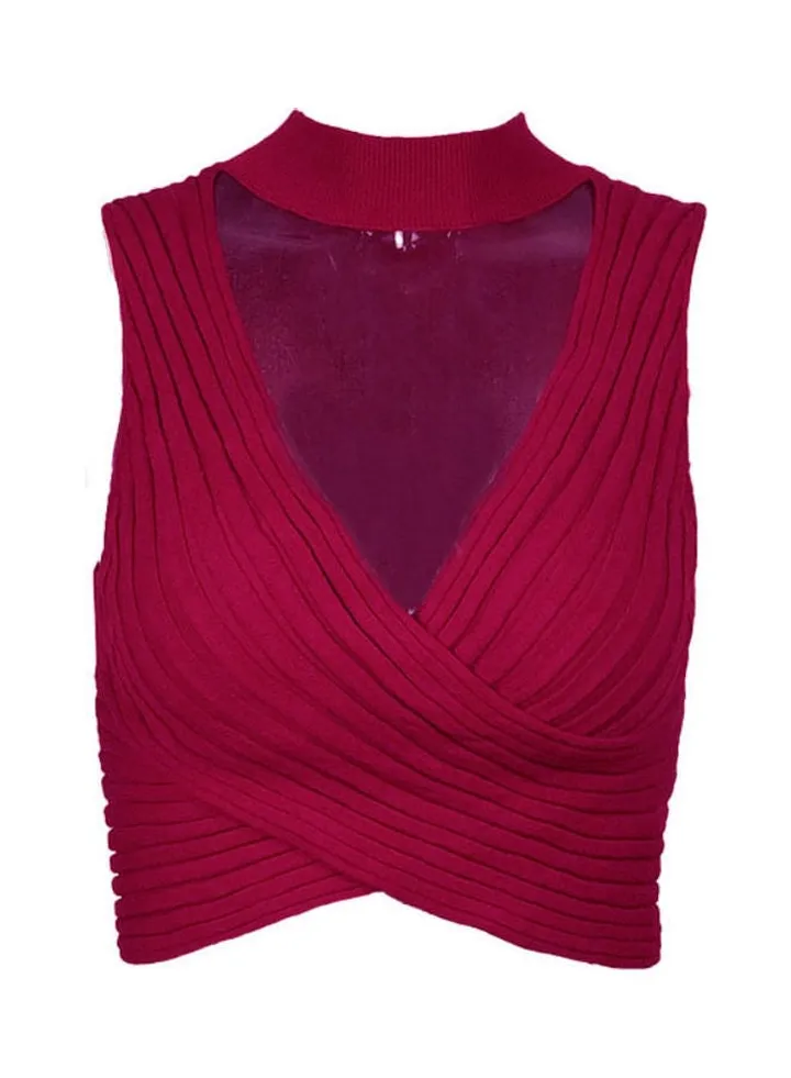 Sleeveless Knitted Crop Top Wine Red