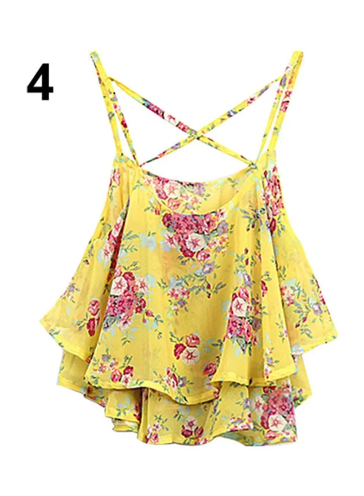 Women's Summer Spaghetti Strap Flower Print Chiffon Shirt Vest Blouses Crop Top Yellow