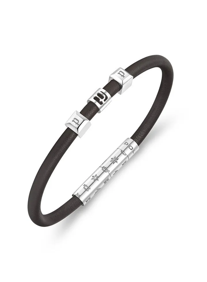 Police Flake Brown Leather With Stainless Steel Logo Gents Bracelet - PEAGB0033903