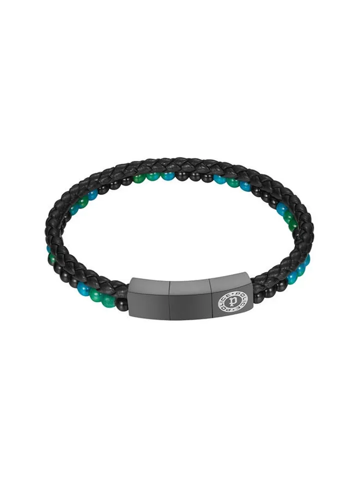Police Dual Black & Green Leather & Stainless Steel Gents Bracelet - PEAGB0011701