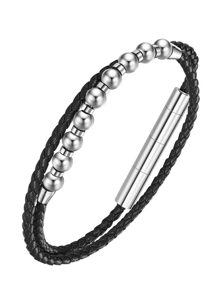 Police Kingpins Black & Silver Leather & Stainless Steel Gents Bracelet - PEAGB0005443
