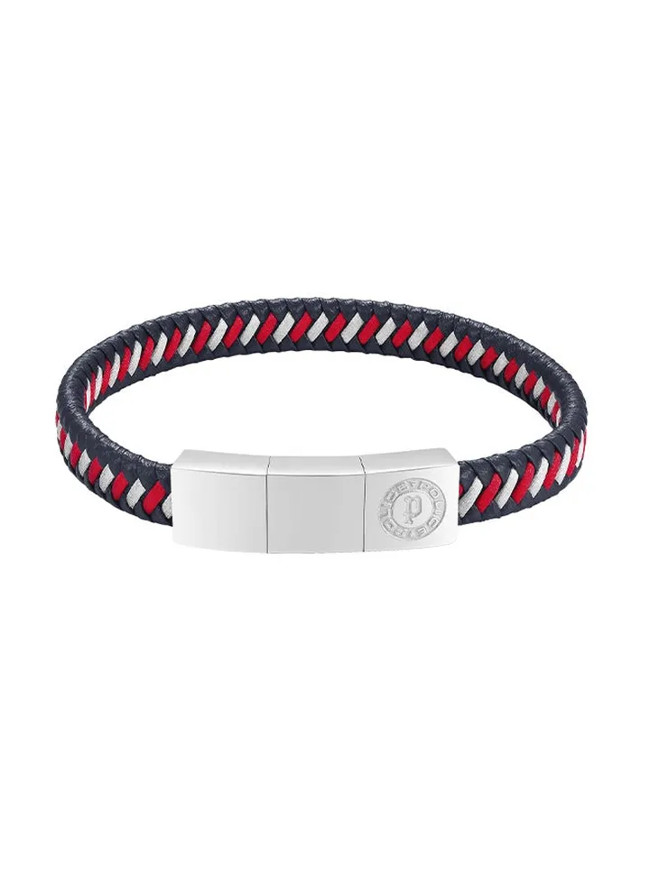 Police Twist Navy & Red Woven Leather With Stainless Steel Motif Gents Bracelet - PEAGB0034003
