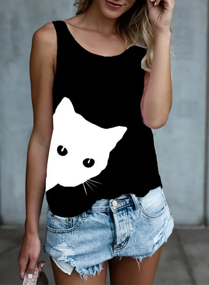 Cute Cat Printed Vest Black/White