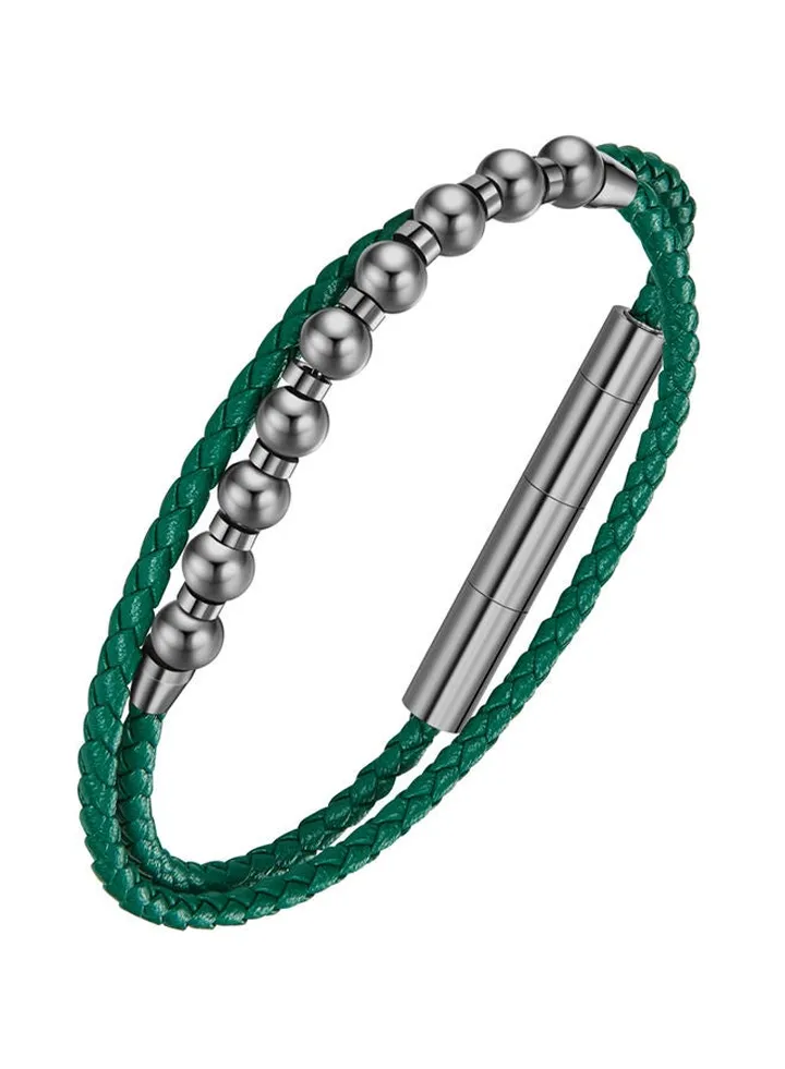 Police Kingpins Green & Gun Leather & Stainless Steel Gents Bracelet - PEAGB0005447