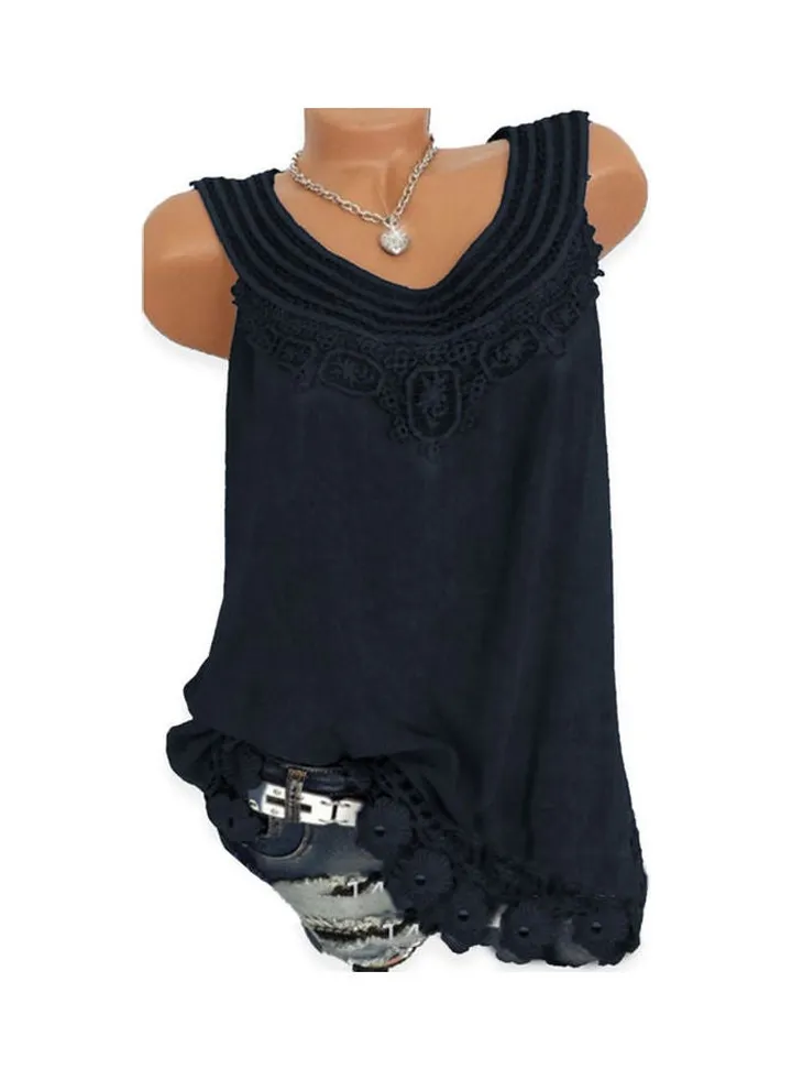 Casual Patchwork Tank Top Navy Blue