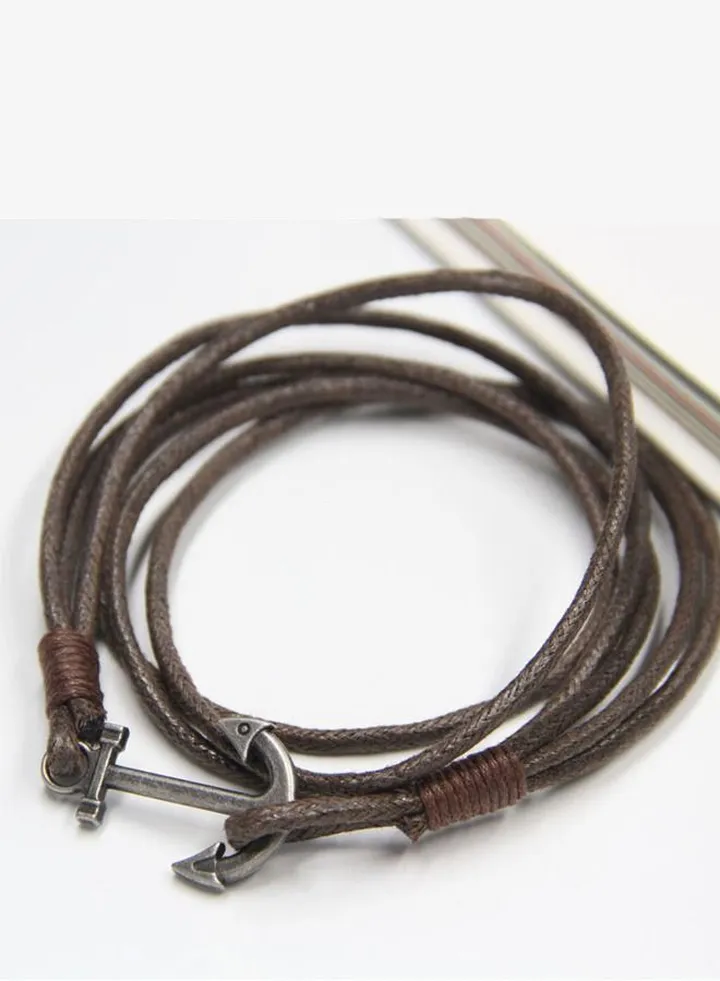 Anchor Charm Leather Wrap Bracelet