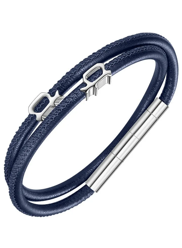 Police Pipe Blue & Silver Leather & Stainless Steel Gents Bracelet - PEAGB0012101
