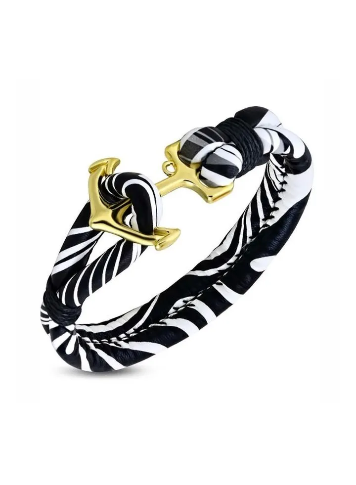 Men's Leather Bracelet Decorated With Black And White With A Golden Clasp In The Shape Of An Anchor