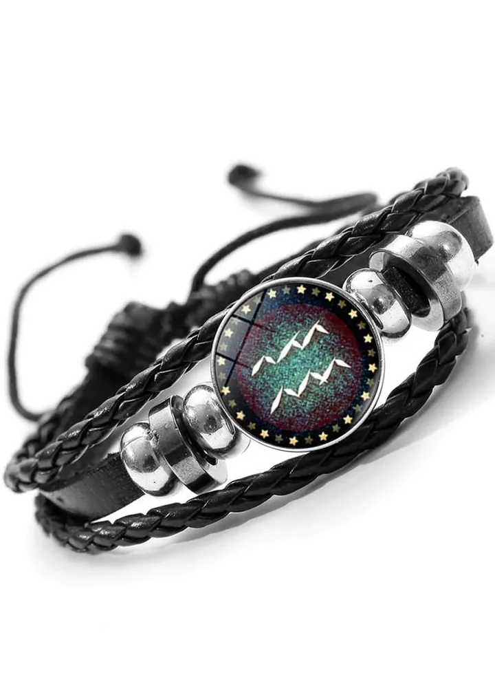 Twelve Constellations Gemstone Retro Handmade Beaded Leather Bracelet