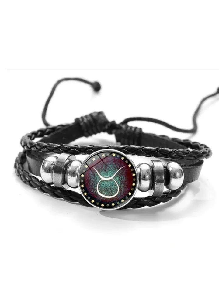 Twelve Constellations Gemstone Retro Handmade Beaded Leather Bracelet