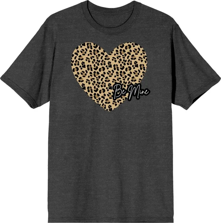 Valentine’s Day Cheetah Heart Be Mine Crew Neck Short Sleeve Charcoal Heather Women’s T-shirt-Large