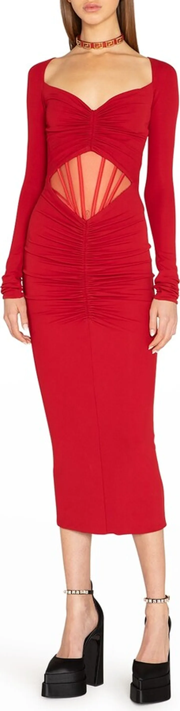 Ruched Corset Mesh-Inset Midi Dress