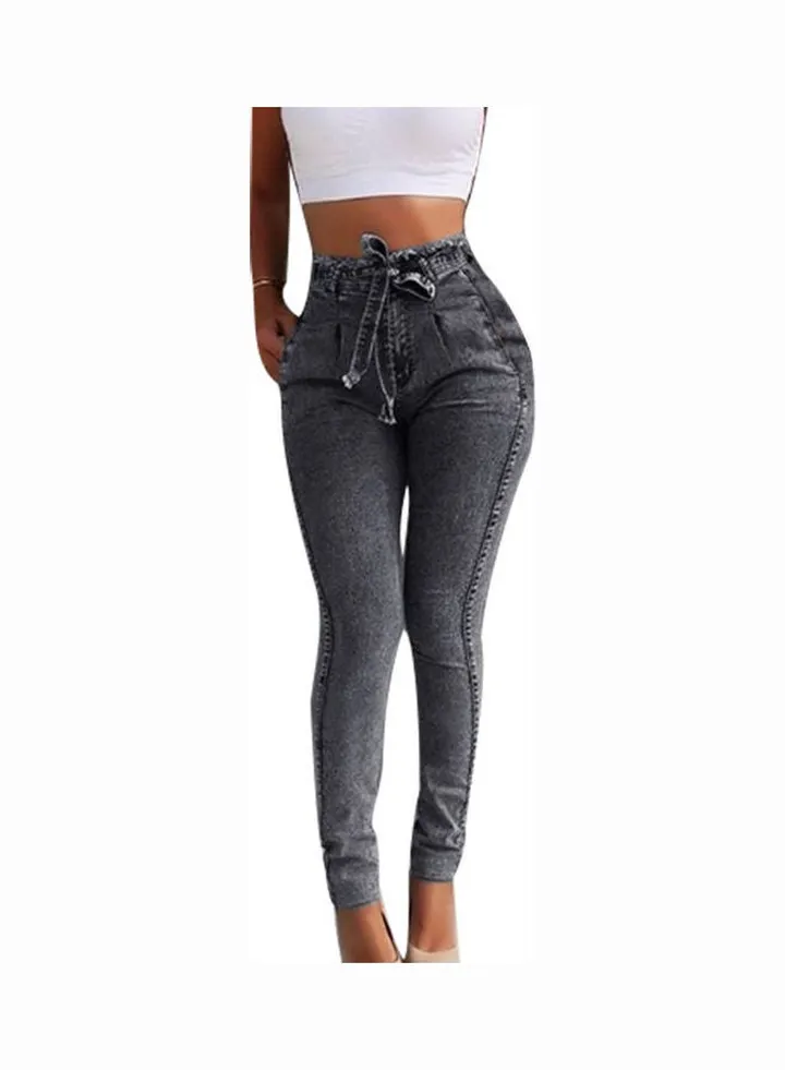Belted High Waist Skinny Jeans Grey