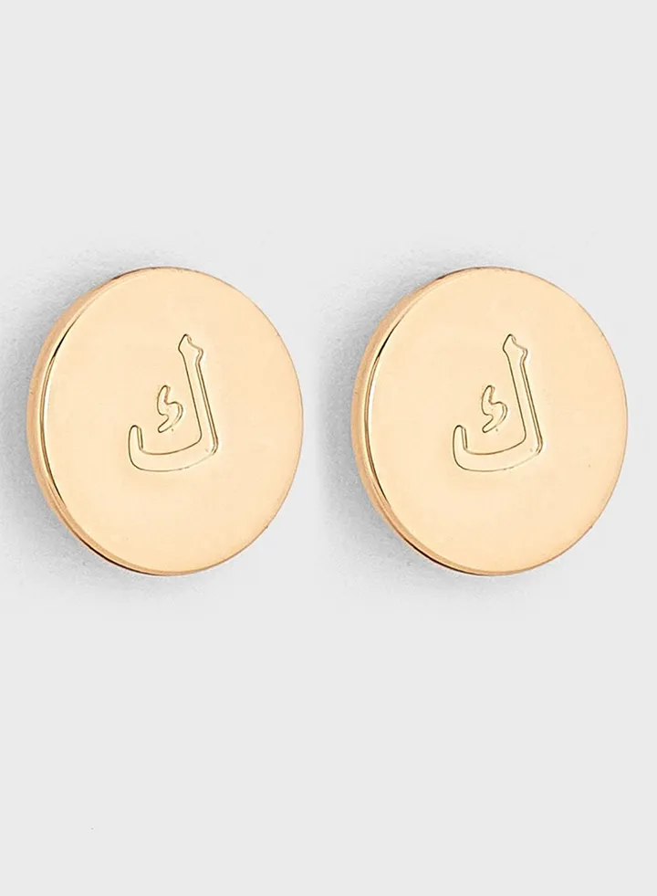 Arabic Initial "K" Disc Stud Earrings