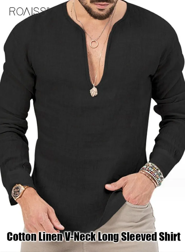 Men's Cotton Linen Henley Shirt Long Sleeve Hippie Casual Beach T Shirts
