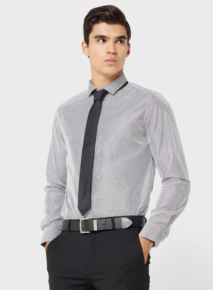 Men Charcoal Grey White Slim Fit Pure Cotton Striped Formal Shirt
