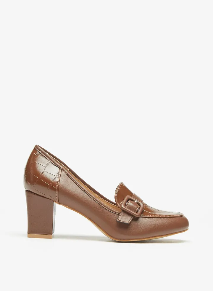 Women Floral Bella Textured Slip-On Pumps with Block Heels and Buckle Detail
