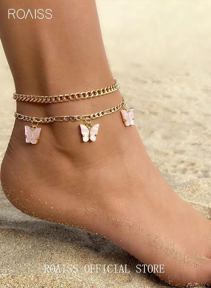 2pcs Anklet Pink Butterfly Decor Adjustable Foot Chain Fashion Bracelets Jewelry for Women and Girls Gold