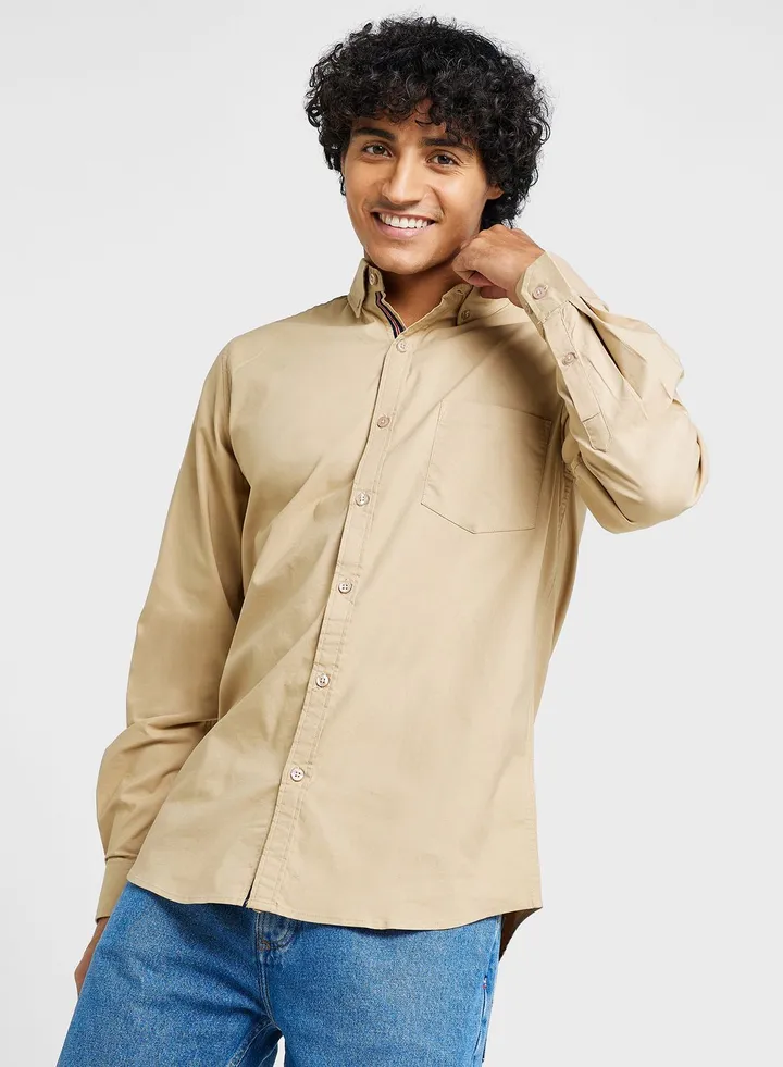 Cotton-Elastane Casual Single Pocket Shirt