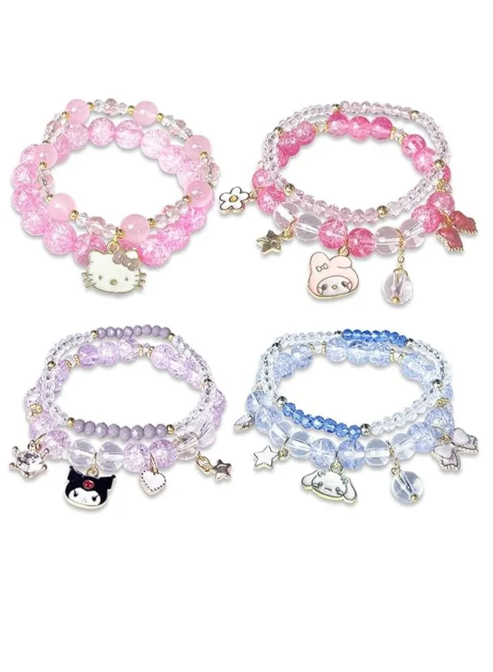 4 Pieces Crystal Bracelets Cartton Pendant Kawaii Pearl Cute Cartoon Elastic Beaded Bracelets Cartoon Themed Pendant Bracelets Gift for Teen Girls Kids