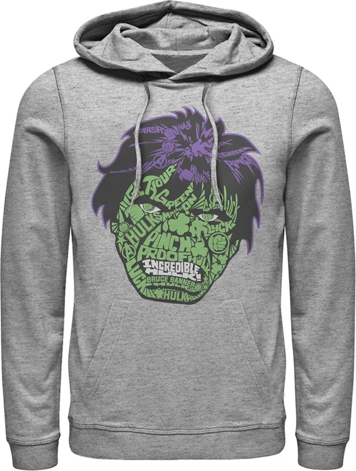 Men's Marvel St. Patrick's Day Hulk Face Pull Over Hoodie - Athletic Heather - Medium