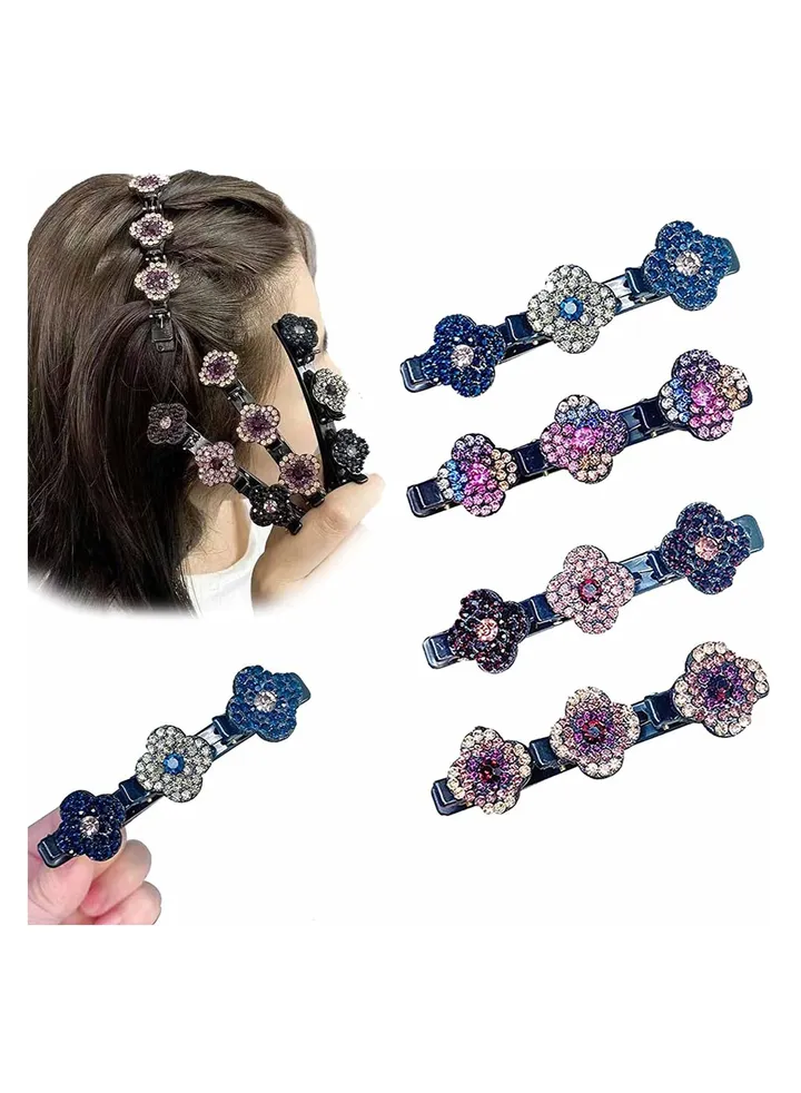 4PCS Satin Fabric Hair Bands Hairpin Duckbill Clip Braided Hair Clip with Rhinestones