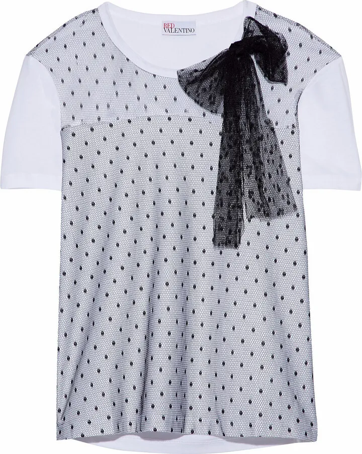 Bow-embellished point d'esprit-paneled cotton-jersey T-shirt