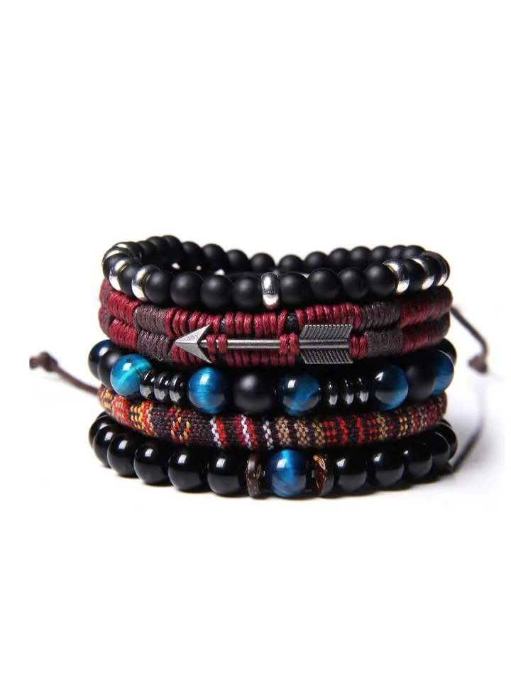 Braided Leather Bracelets for Men Women Wrap Tiger Eye Lava Rock Beads Bracelet Woven Ethnic Tribal Rope Wristbands Set Adjustable