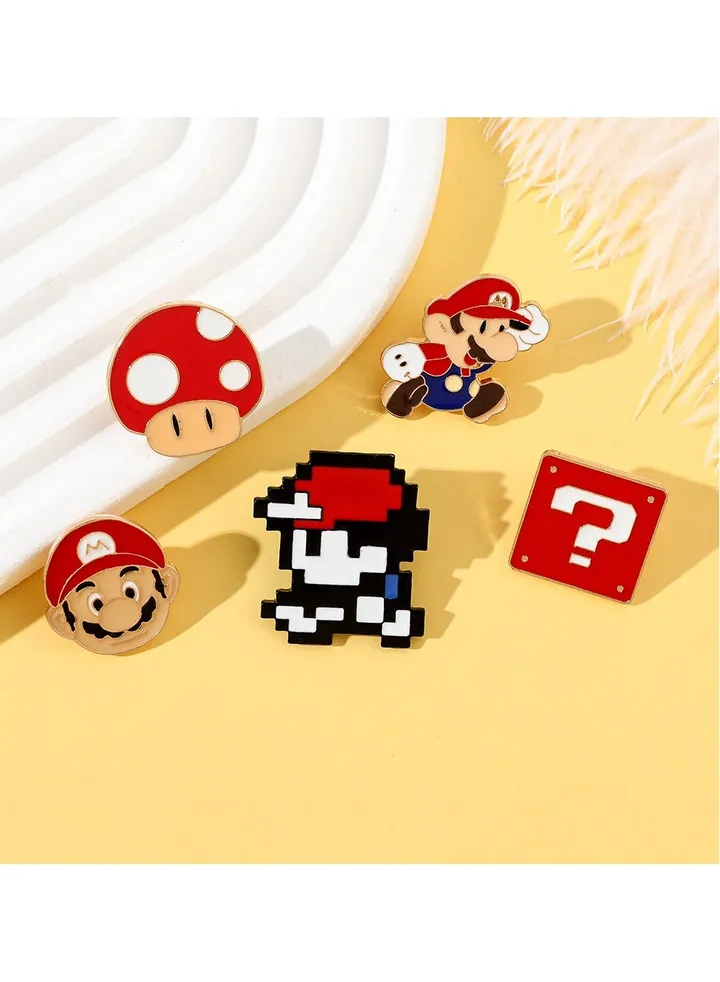 5-pack of cartoon Mario metal badges, painted brooches, pins and accessories