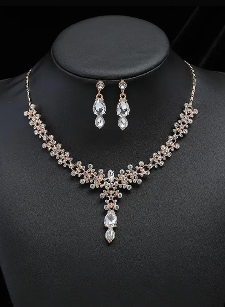 Bridal Wedding Jewelry Set Bridesmaid Party Choker Necklace Water Drop Pendant Earrings Sets for Women and Girls Zircon Dinner Dress Accessories