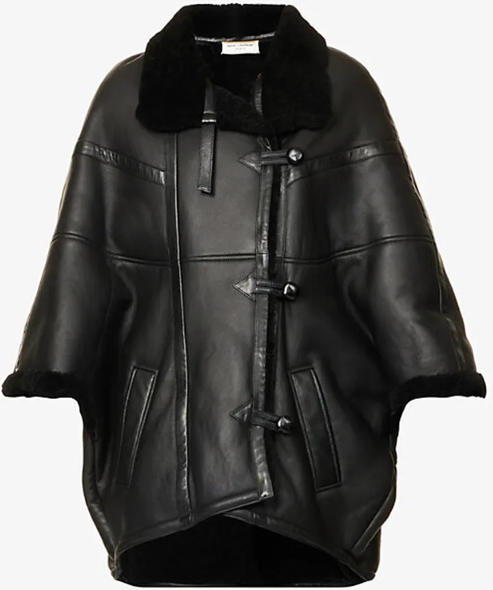 Womens Noir Contrast-collar Dipped-hem Leather Cape