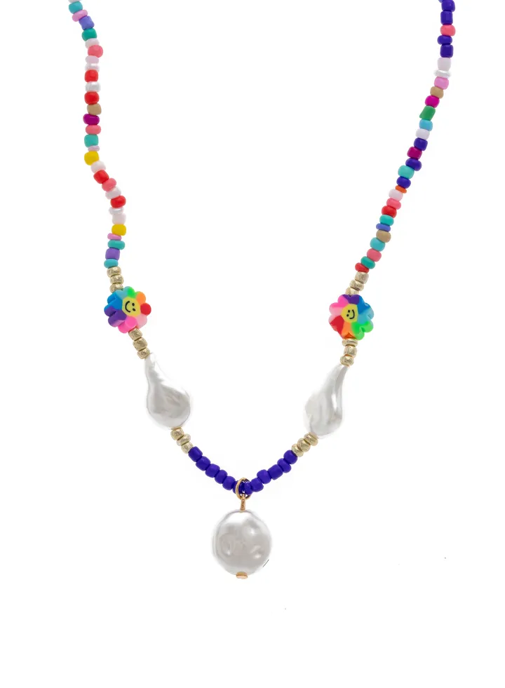 Colorful beaded necklace with pearl pendants