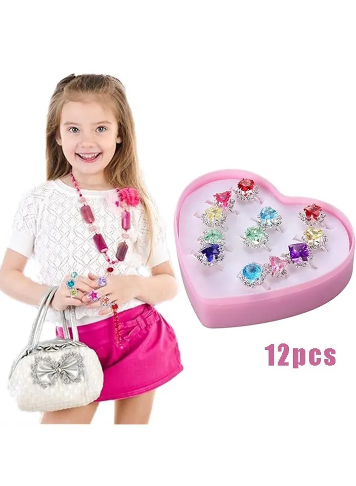 Girl Rhinestone Rings with Gem Rings Box, 12 pcs Princess Jewelry Finger Adjustable Rings with Heart Shape Case, Girl Pretend Play and Dress up Rings, Gift for Children's Day
