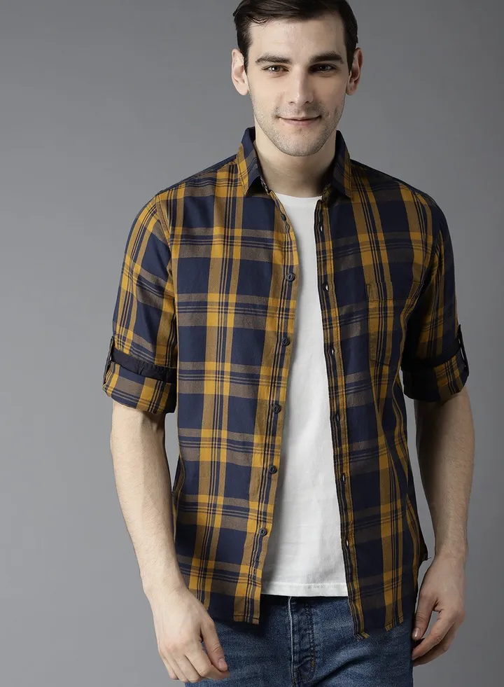 Men's Cotton Checkered Slim Fit Casual Shirt with Pocket, Full Sleeve Shirt for Formal & Casual Wear