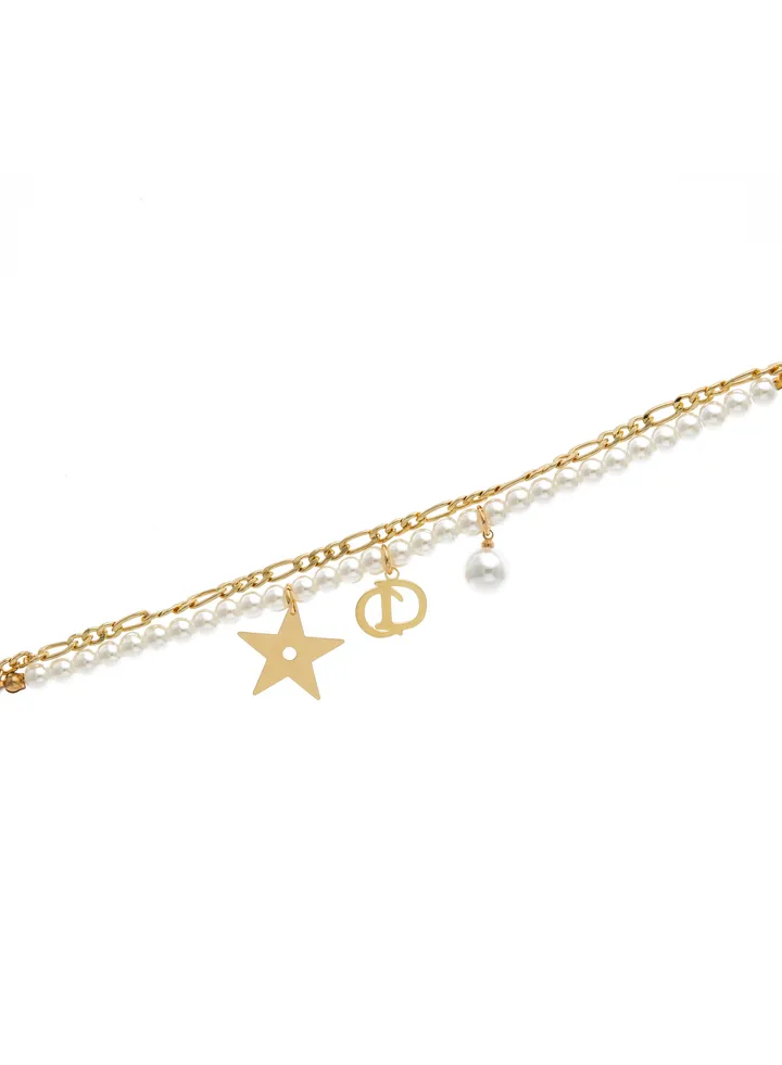 Chain and pearl bracelet with multiple charms