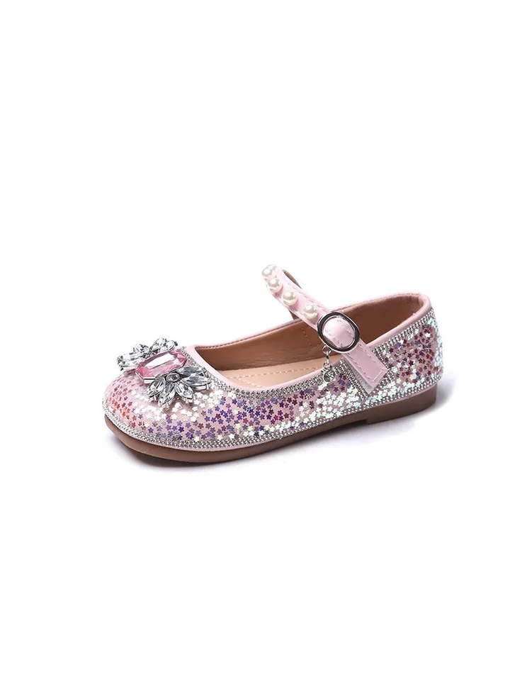 New Girls Princess Single Shoes Rhinestone Children's Square Mouth Shoes