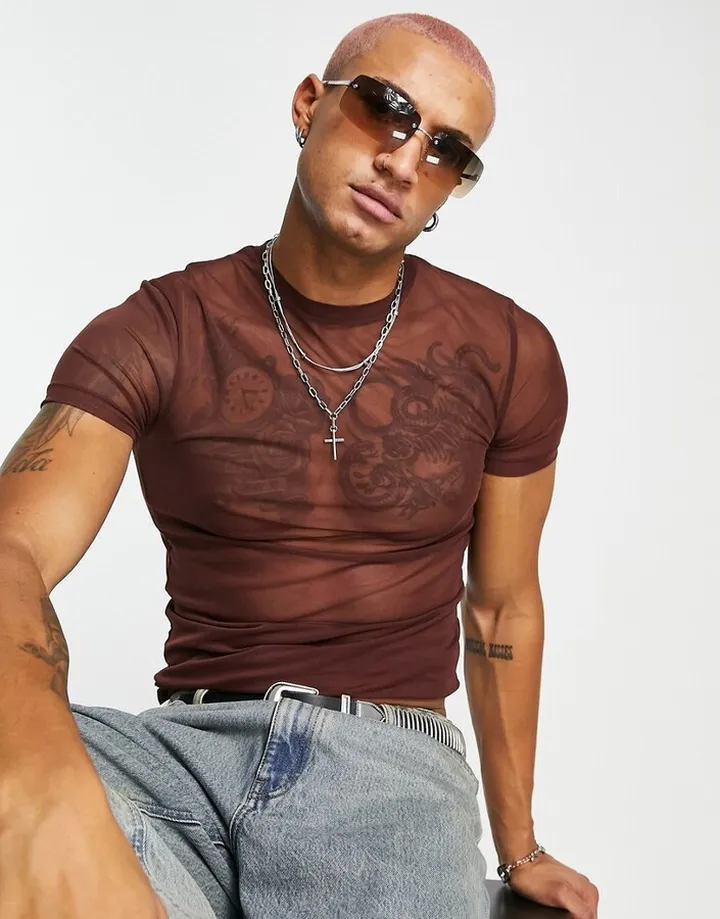 ASOS DESIGN skinny t-shirt in brown mesh