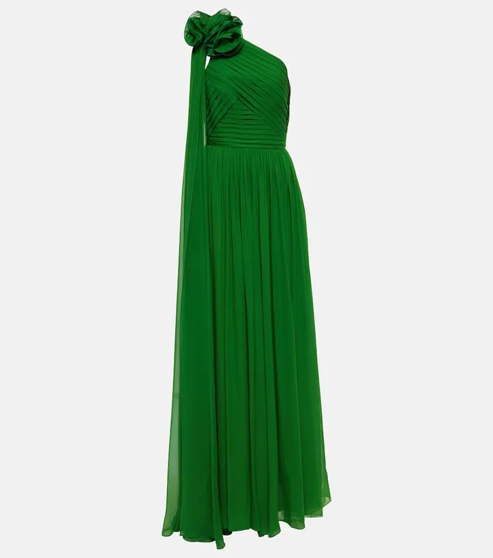 Corsage-detail one-shoulder silk gown