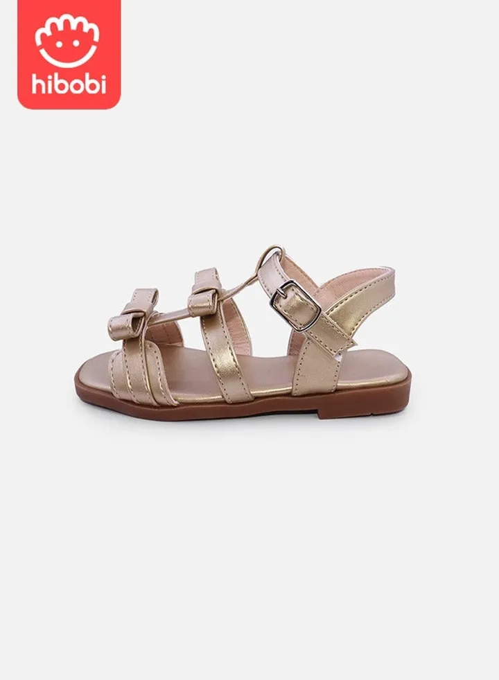Girls Non-Slip Bow Decorated Flat Sandals, Ankle Strap Sandals - Champagne