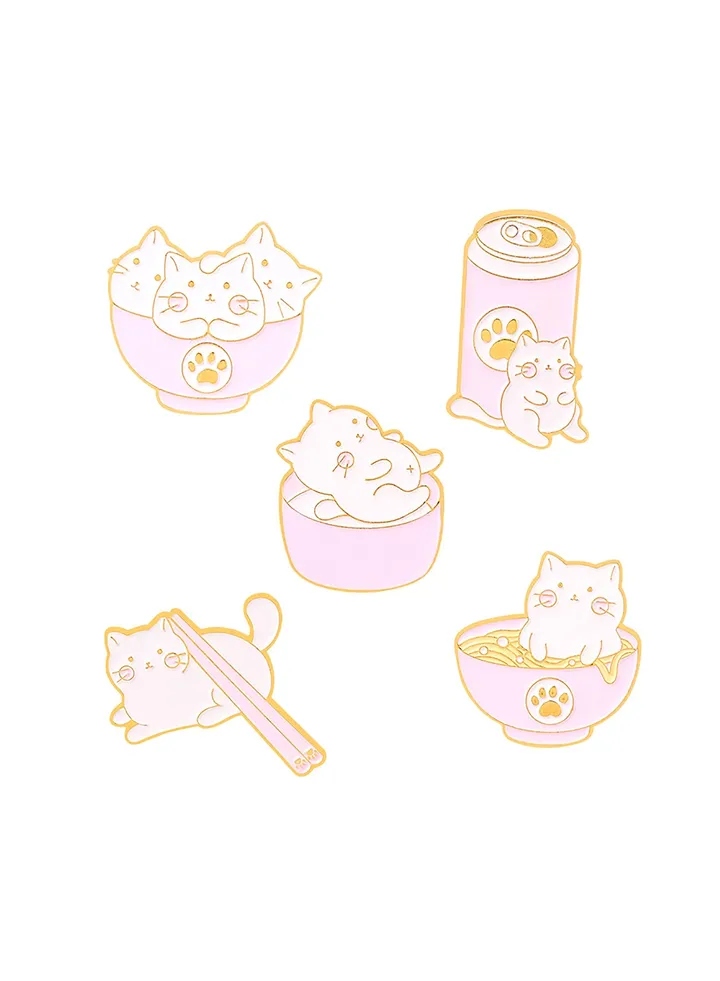 Pink Cat Enamel Pins for Women Girl Cute Animal Enamel Brooch Pins for Jackets Cartoon Chopsticks Cans Big Bowl Noodles Cat Enamel Brooch Badge DIY Accessories Décor