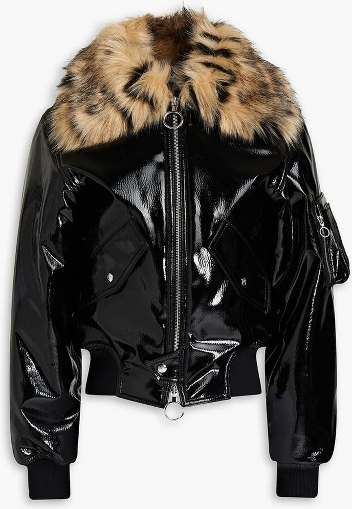 Faux fur-trimmed vinyl bomber jacket