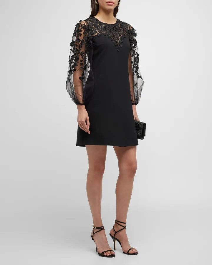 Floral Embroidered Balloon-Sleeve Illusion Mini Dress