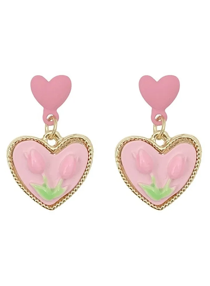 Pink Tulip Peach Heart Earrings