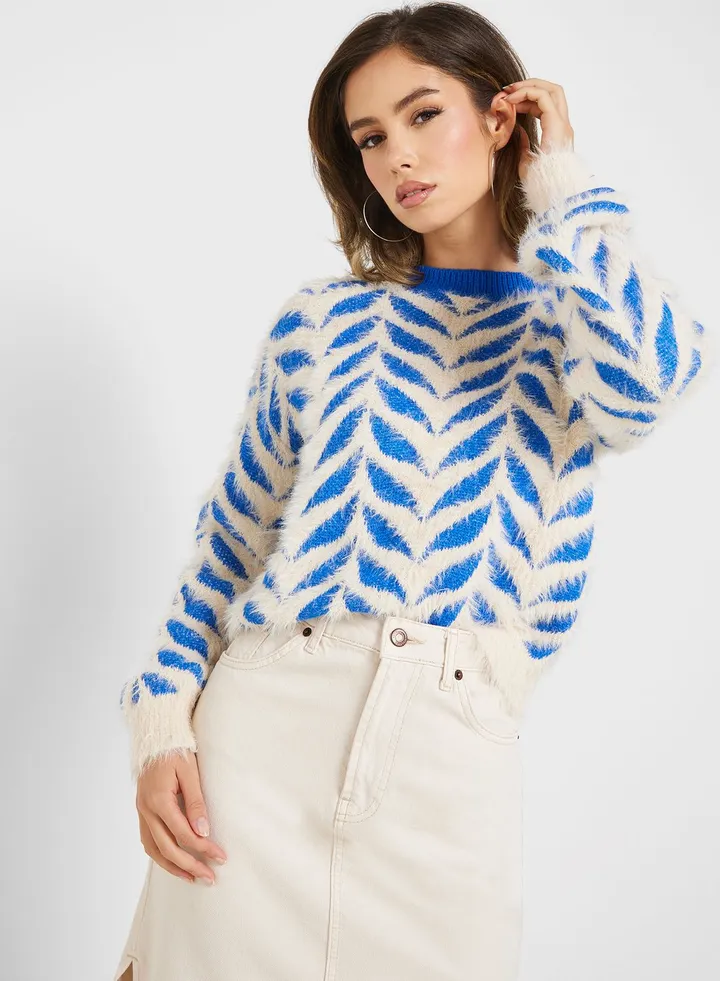 Ribbed Neck Printed Sweater