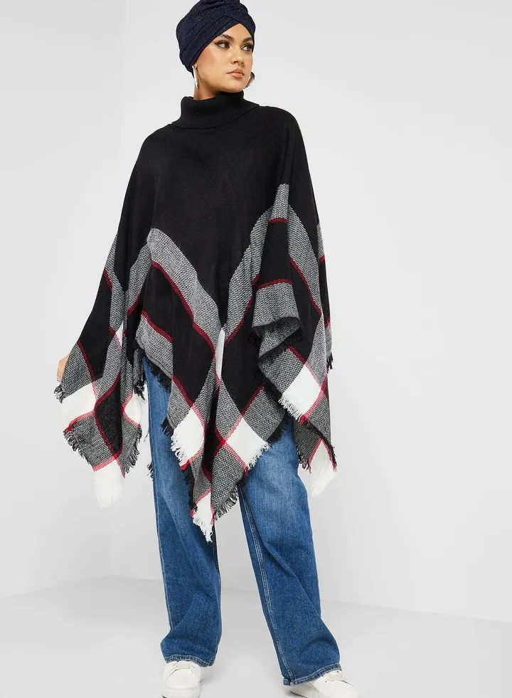 Check Pattern High Neck Sweater