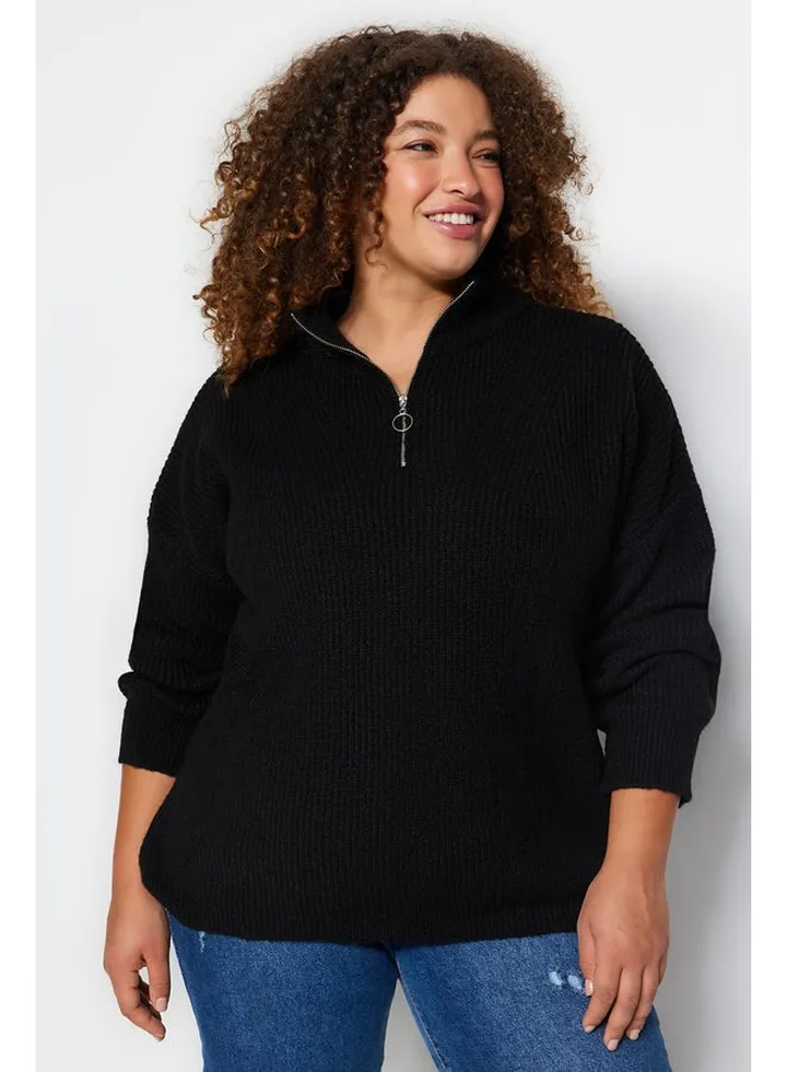 Black Zipper Closure Knitwear Sweater TBBAW24AN00054