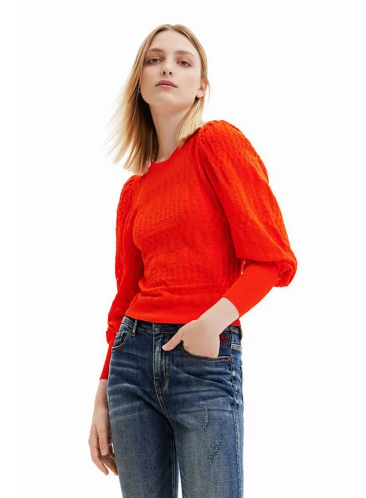 Openwork jumper with balloon sleeves