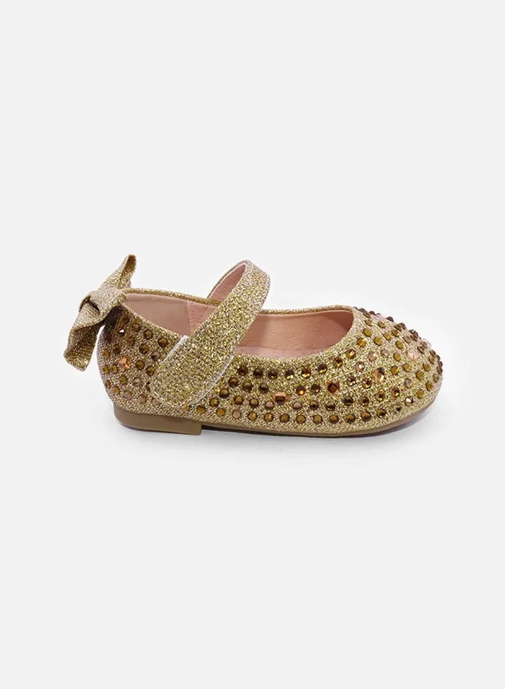 Girls Sandals Princess Flat Bow Loafers with Rhinestones - Gold