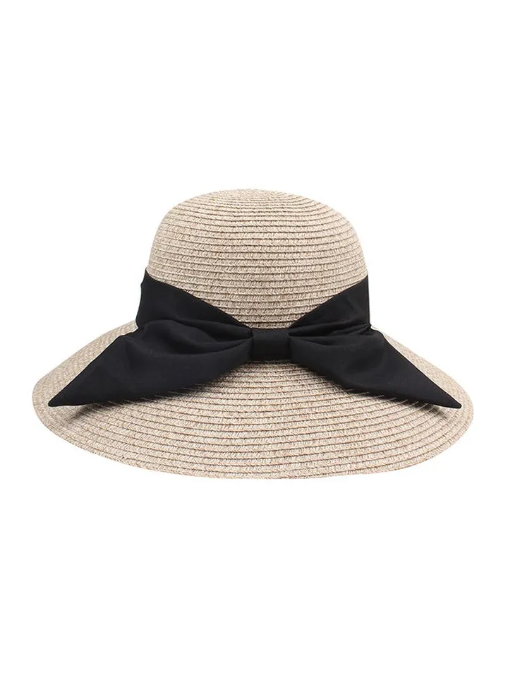 Foldable Straw Hat With Big Bow Beige